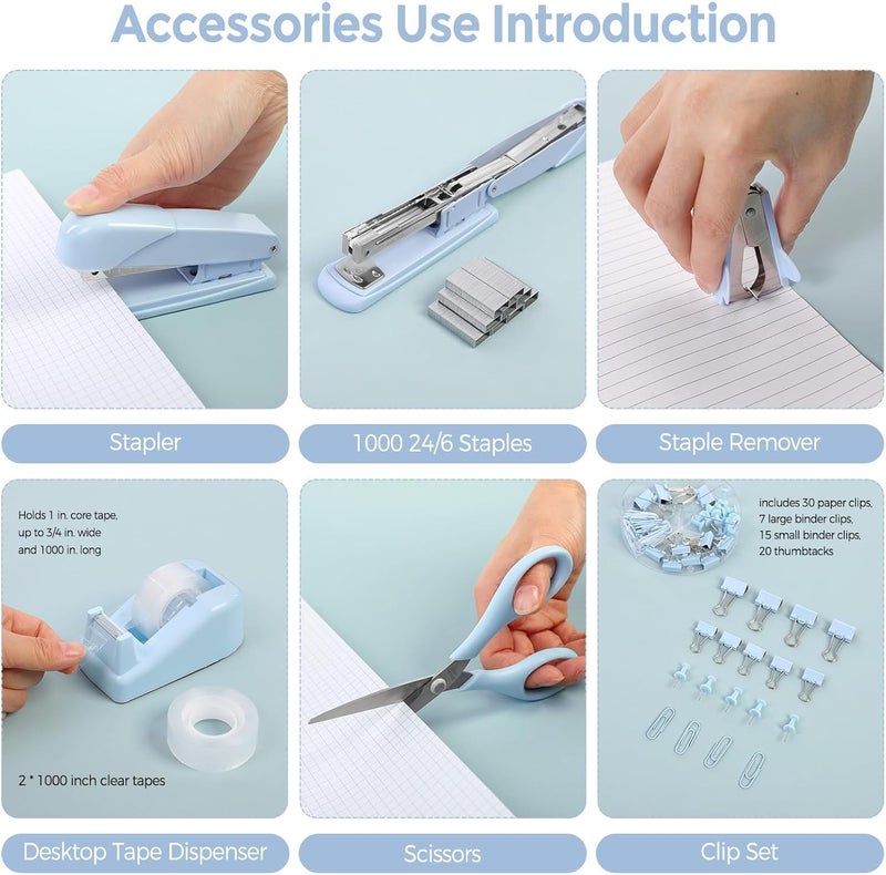 Skydue Blue Office Desk Accessories, Blue Office Supplies, Stapler, Tape Dispenser, Scissors, Clips and 1000pcs Staples,Desk Supplies for Women - Image 2